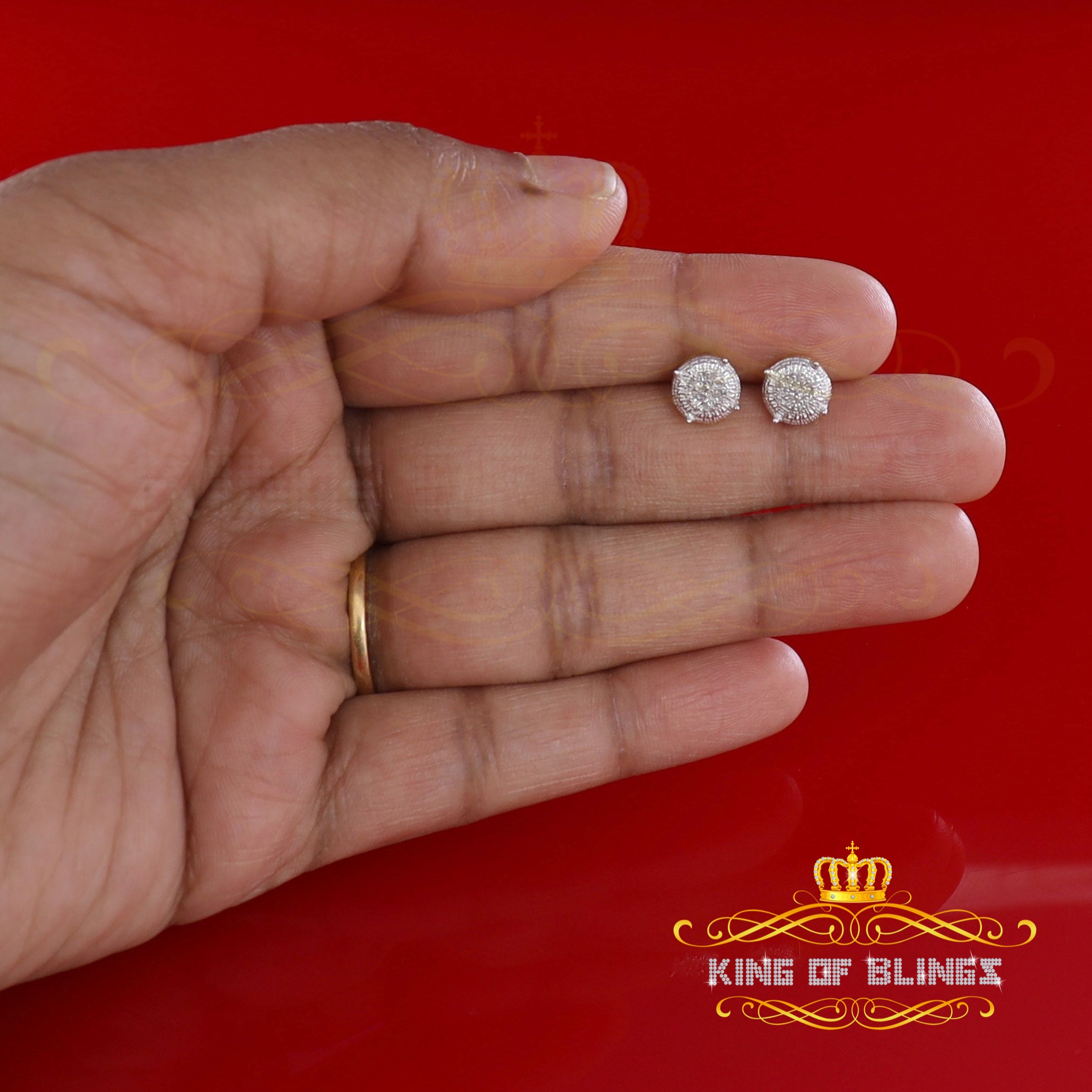 King of Bling's 10K Real Yellow Gold with 0.10 CT Diamond Round Stud Earring For Women And Men