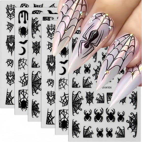 Monebena 8 Sheets Spider Nail Art Stickers, Halloween Nail Decals 3D Self-Adhesive Black White Spider Web and Spider Design Nail Sticker Halloween Acrylic Nail Art Decoration