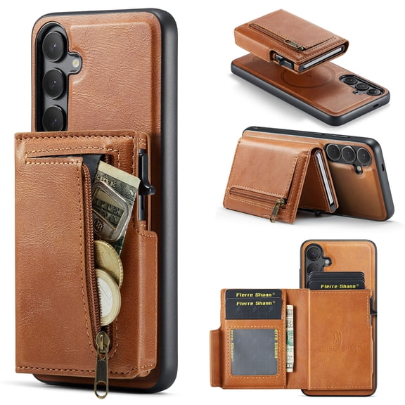 ELEHOLD For Samsung Galaxy S25 FE Magnetic Wallet Case, PU Leather 2-in-1 Detachable Card Slots Flip Kickstand Shockproof Cover , Brown