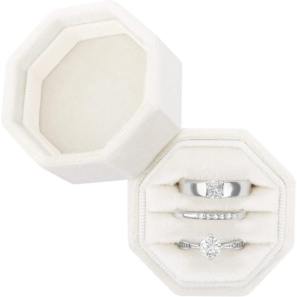 DesignSter Boîte à Bagues en Velours Octogonale 3 Fentes - Boîte de Porte-Bagues de Mariage et de Fiançailles Premium (Beige)
