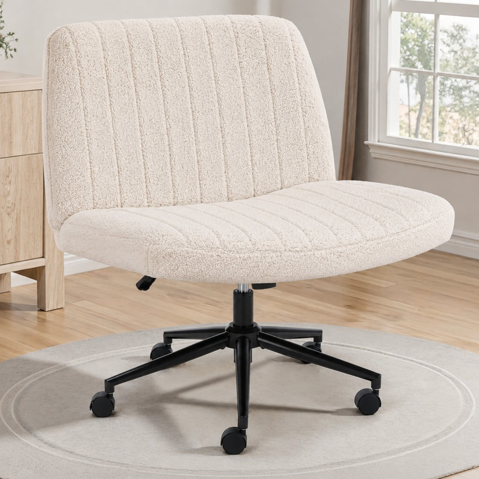 Kelno Armless Criss Cross Office Chair with Wheels 300lb Capacity Wide Seat Cross Legged Desk Chair Height Adjustable Swivel Vanity Chair, Beige Teddy
