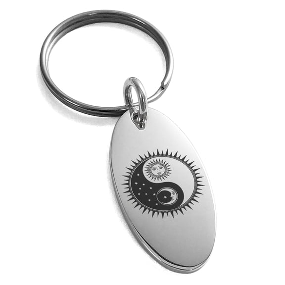 Tioneer Stainless Steel Sun & Moon Yin Yang Engraved Small Oval Charm Keychain Keyring