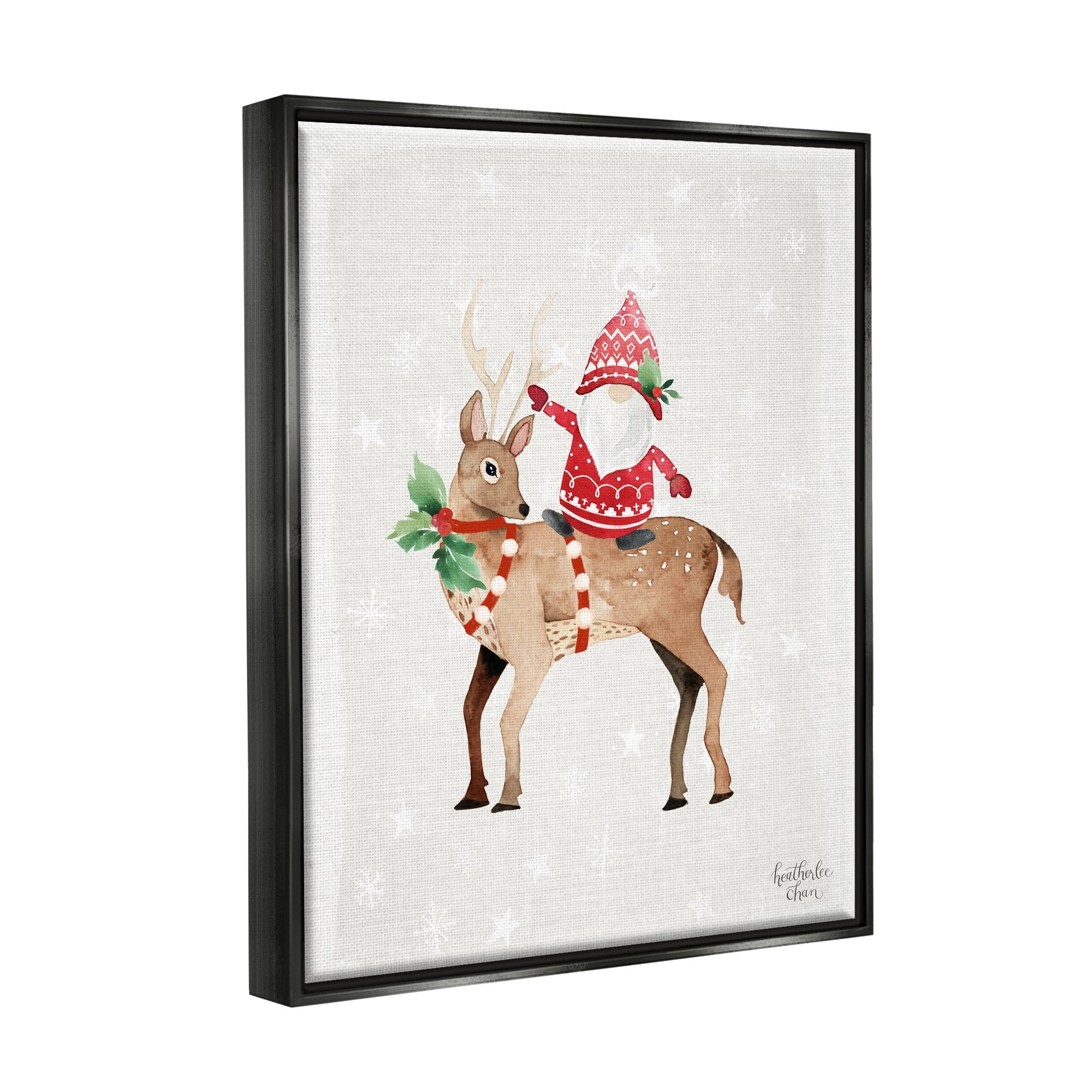 Stupell Industries Santa Claus Gnome Reindeer Holiday Patterned Stars Painting Jet Black Floating Framed Canvas Print Wall Art, Design by Heatherlee Chan