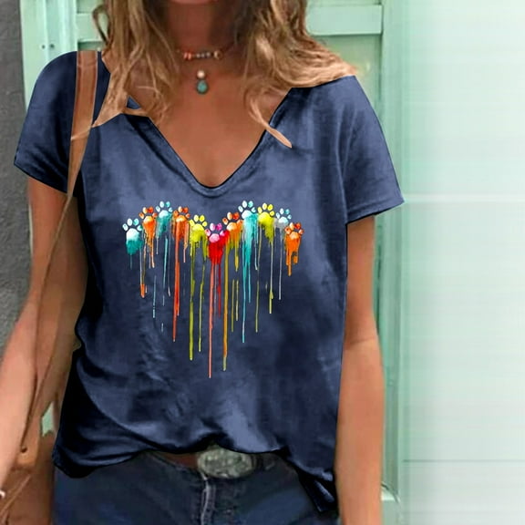 ALLLIST V-Neck Womens Tops Clearance Under $10 Short Sleeve Blue Graphic Printed T-Shirts Casual Women Blouses