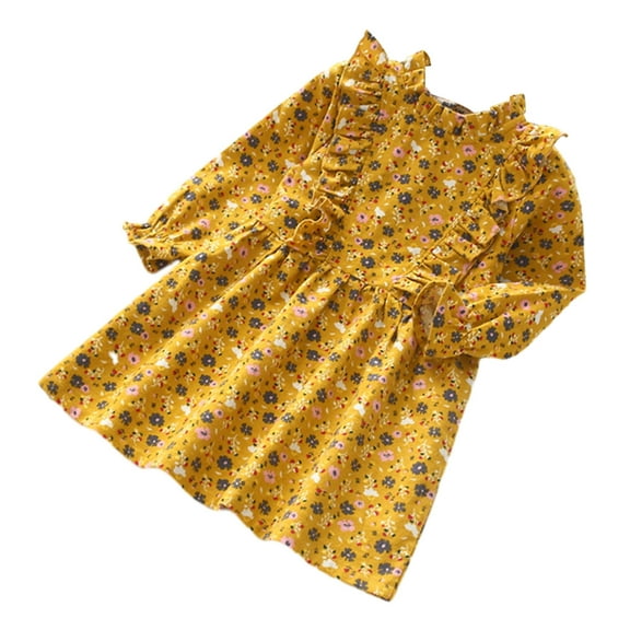 vdgthytj Toddler Girls Long Sleeve Dress Floral Printed Ruffle Round Neck A-Line Flowy Fall Spring Dress 3-7 Years