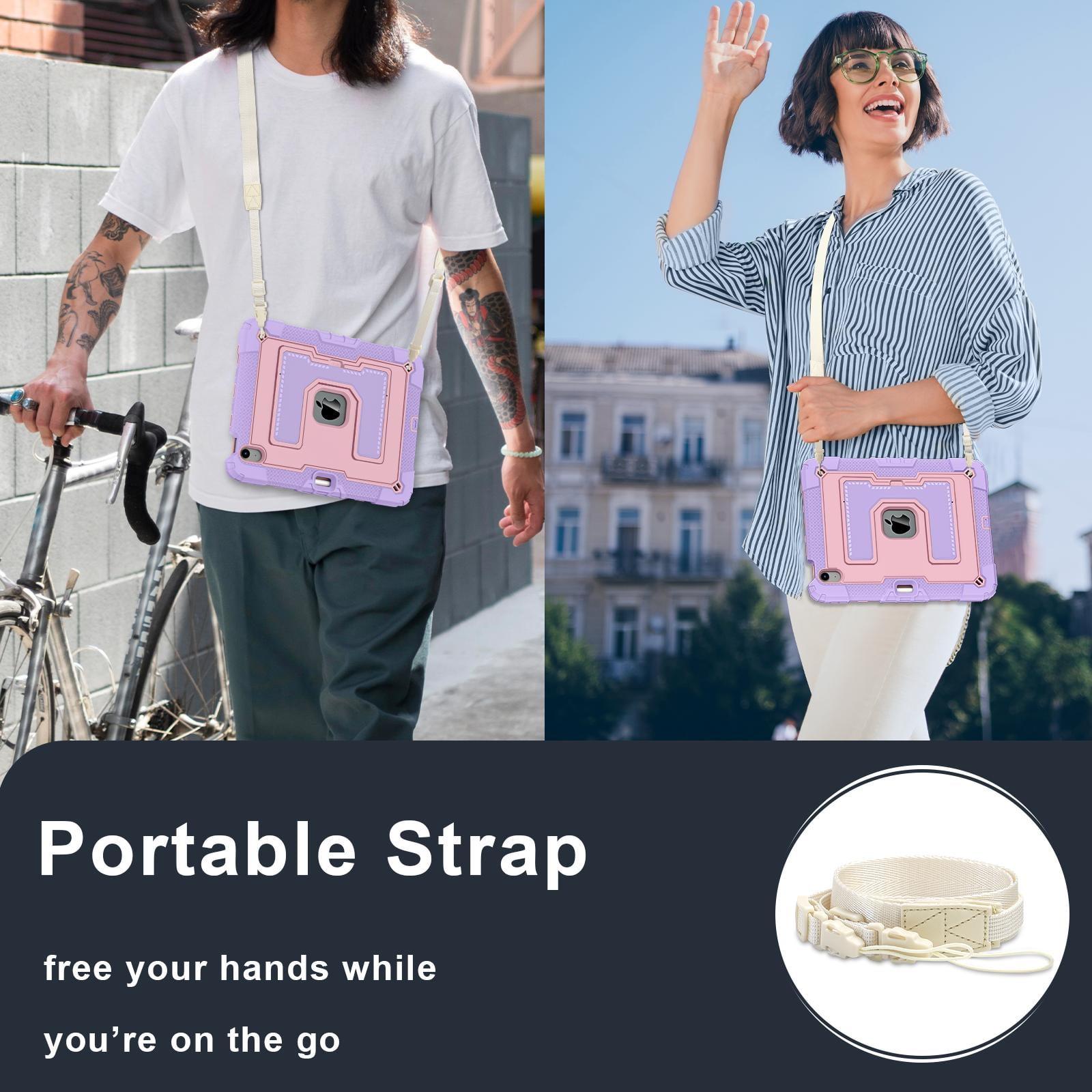 ELEHOLD 3-Layer Rugged Case For Apple iPad Air 11 (2025 / 2024) Heavy Duty Shockproof Cover, [Drop Protection], [Logo Visible], With Kickstand & Pencil Holder & Shoulder Strap, Purple+Rosegold