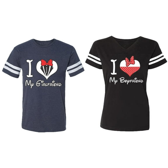 I Love My BF GF Matching Couple Cotton Jerseys (Men Navy / Women Black) (Men S / Women S)