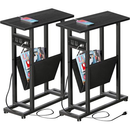 Narrow Side Table Set of 2 with Charging Station, Skinny Side Tables with Storage, Slim End Tables for Small Spaces with USB Ports for Living Room, Bedroom, Black