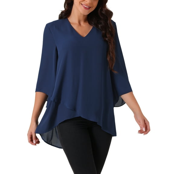 INSPIRE CHIC Women's High Low Tops Dressy Casual 3/4 Bell Sleeve V Neck Asymmetrical Hem Shirt Chiffon Blouse S Navy Blue