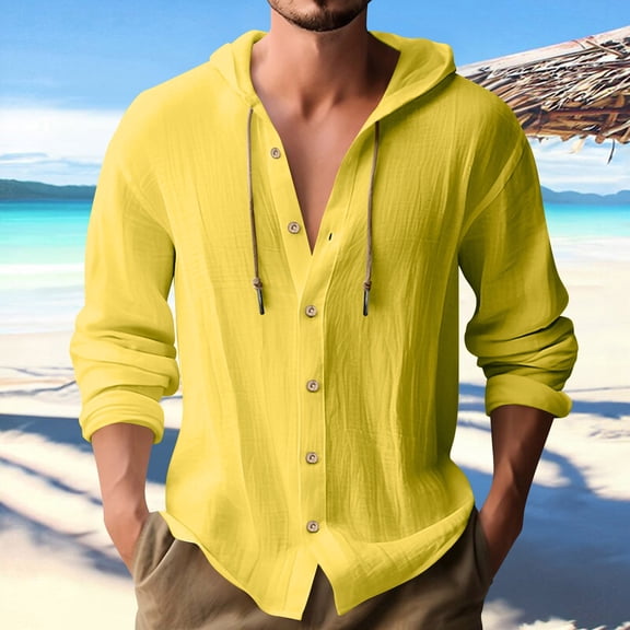 Chbgutlmr Cotton Linen Shirts for Men Drawstring Long Sleeve Button down Hooded T-Shirts Casual Loose Lightweight Plain TopsXLYellow