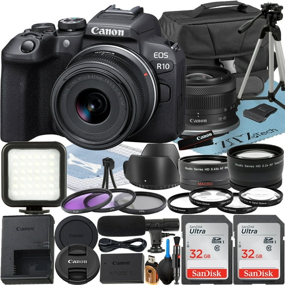Canon Appareil Photo Sans Miroir EOS R10 avec Objectif RF-S 18-45 Mm + Adaptateur de Monture + Pack de 2 Cartes Mémoire SanDisk 32 Go + Étui + Accessoire ZeeTech