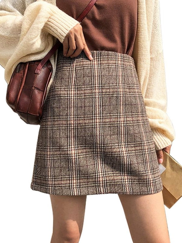 Tanming Womens Casual High Waisted Wool Check Print Plaid A-Line Skirt 