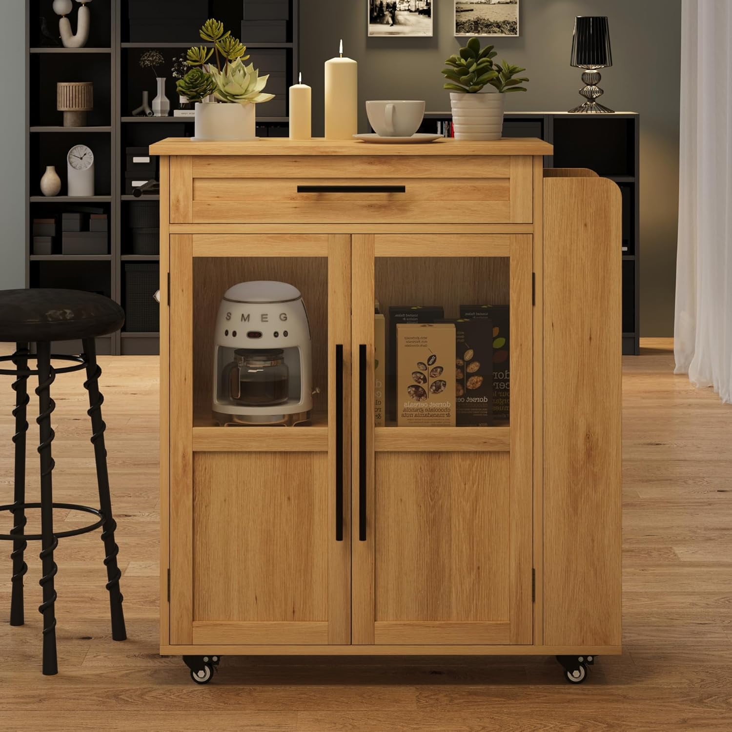 WALYWIK Rolling Wooden Kitchen Island with Drawer, Kitchen Cart with Storage Cabinet on Wheels, Thicker Wooden Top Portable Trolley Island with 3 Spice Rack for Kitchen, Dining Room, Natural Oak