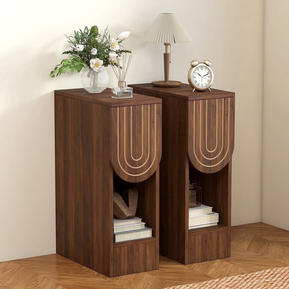 7.87" Ultra Narrow Nightstand Set of 2 with Drawer and Open Shelf, Carved Line Design Bedside Table for Bedroom, Walnut
