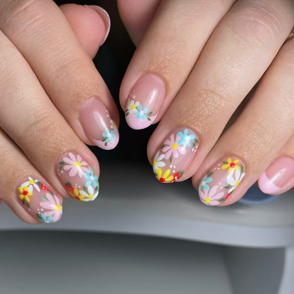 KUFptva 24Pcs Elegant Short Almond False Nails with French Tips and Flower Oval Acrylic Full Covers Stick on Nails for Autumn