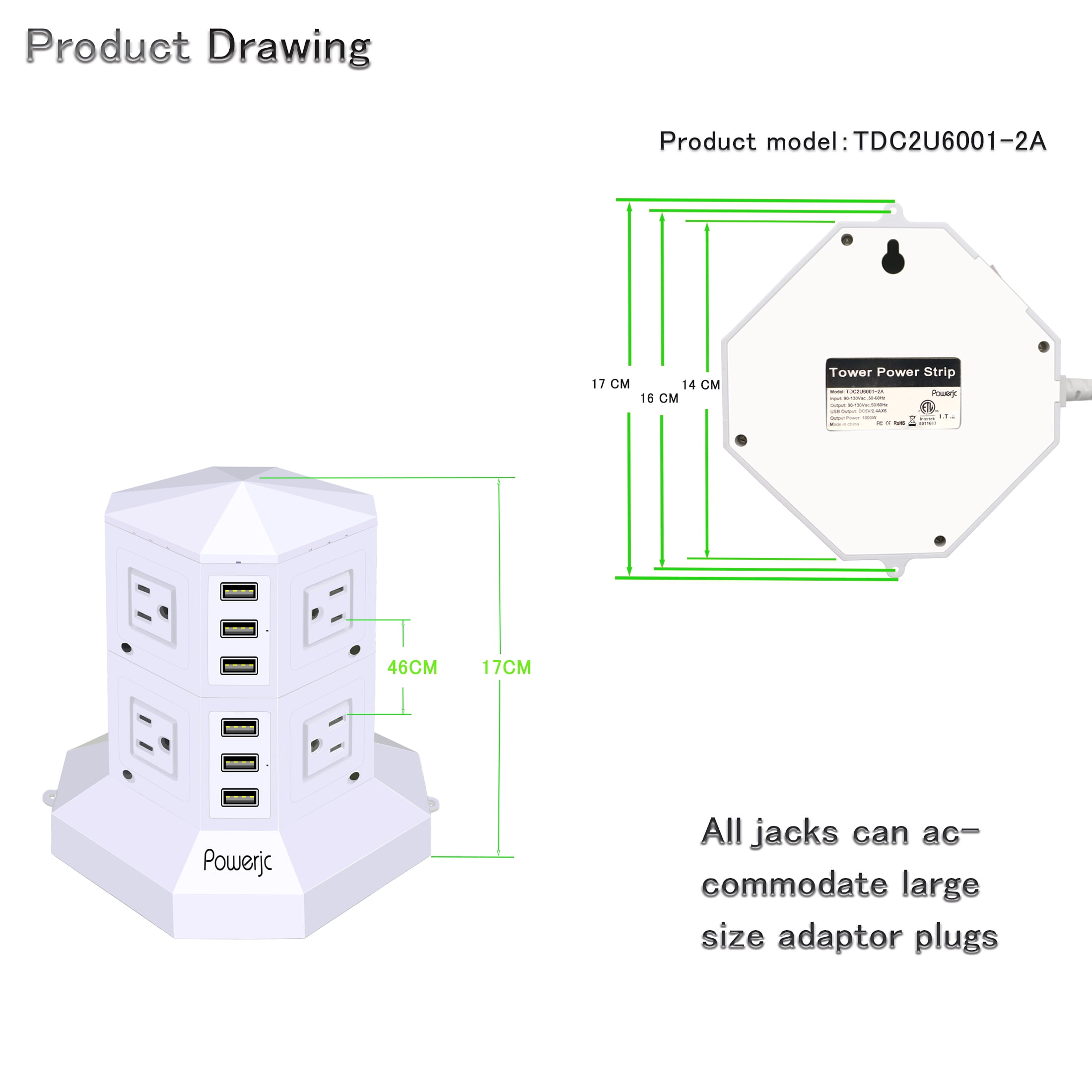 Powerjc Tower Power Strip Surge Protector Socket 8 AC Outlets with 6 Usb ports Chargers 118.1 Inches Long Extension Cord Indoor White