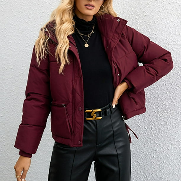 Chaquetas y abrigos casuales de manga larga sin capucha para mujer, chaqueta de cuello alto corto y versión holgada, chaqueta de pan con cremallera, chaqueta de algodón, abrigo corto para mujer