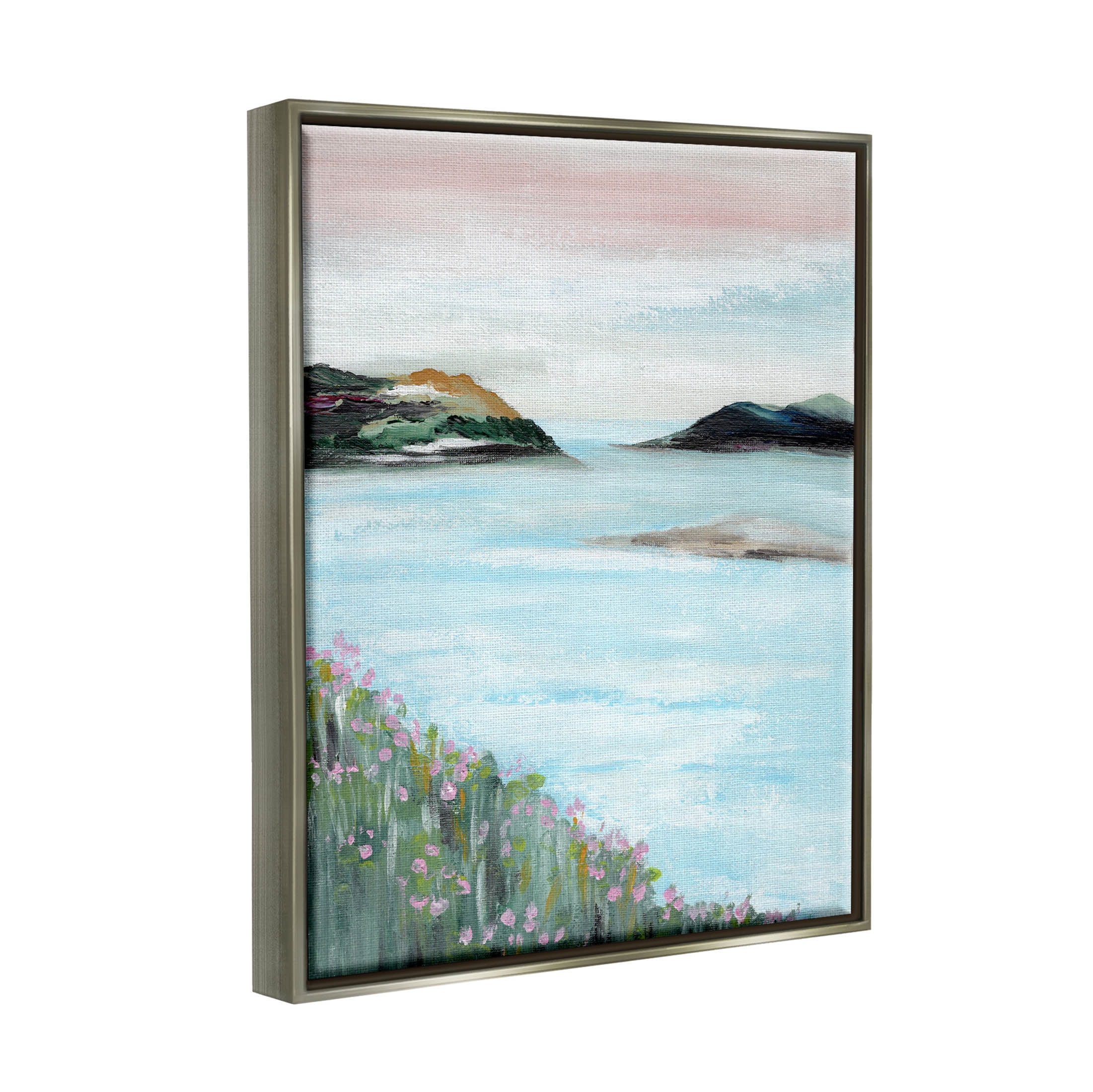 Stupell Industries Rocky Lakeside Meadow Pink Blooms Painting Luster Gray Floating Framed Canvas Print Wall Art, Design by Nikita Jariwala