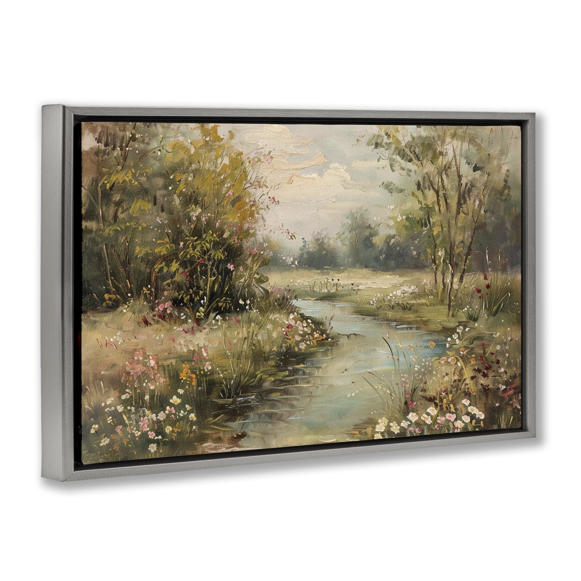 Stupell Industries Spring Stream Landscape Landscape & Nature Painting Gray Floater Framed Canvas Art Print Wall Art, 25 x 17