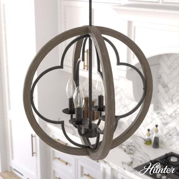 Hunter - Gablecrest 4-light French Oak, Medium Size Pendant Light, Dimmable, Transitional Style, Sphere Shaped, for Bedrooms, Dining, Living Rooms - 19095