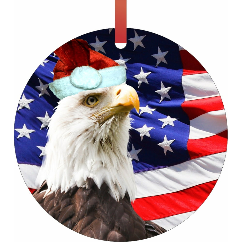 Flag USA American Bald Eagle in a Santa Claus Hat Round Shaped Flat