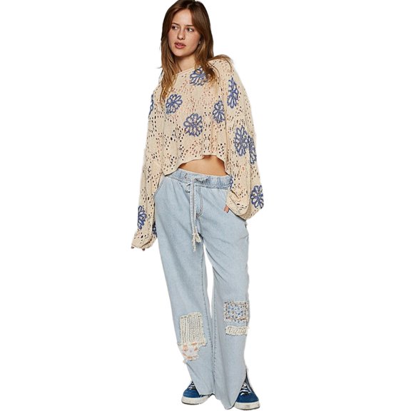 Women's Beige Floral Eyelet Drop Shoulder Sweater
