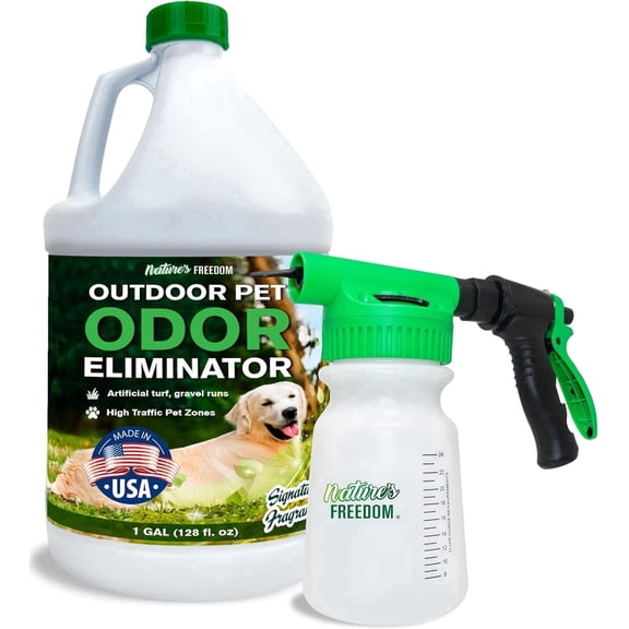 Nature's Freedom Outdoor Pet Odor Eliminator, 1 Gallon Enzyme Cleaner with Hose-End Sprayer for Grass, Turf, Patios, Concrete and Outdoor Areas