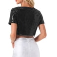 thumbnail image 3 of INSPIRAR CHIC Blusa de Mujer con Lentejuelas Brillantes de Manga Corta Recortada Cuello Redondo con Flecos para Fiesta de Cóctel Top Brillante S Negro, 3 of 5