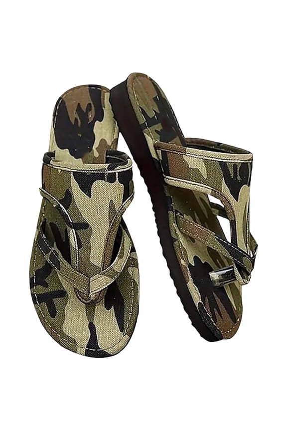 Military Green Camouflage Women's Flat Sandals, Woven Women's Flat Sandals, Slip Strappy Flat Open Toe Slide Ring Fabric Flip Flops