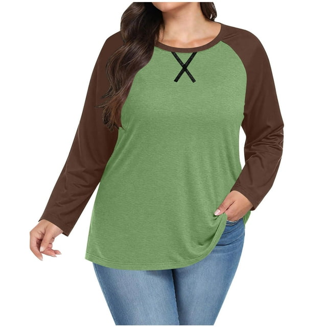 BLVB Hauts Grande Taille pour Femmes Manches Longues Col Rond Décontracté Chemises Ragal Tunique Color Block Henley Blouse Automne P-5TG
