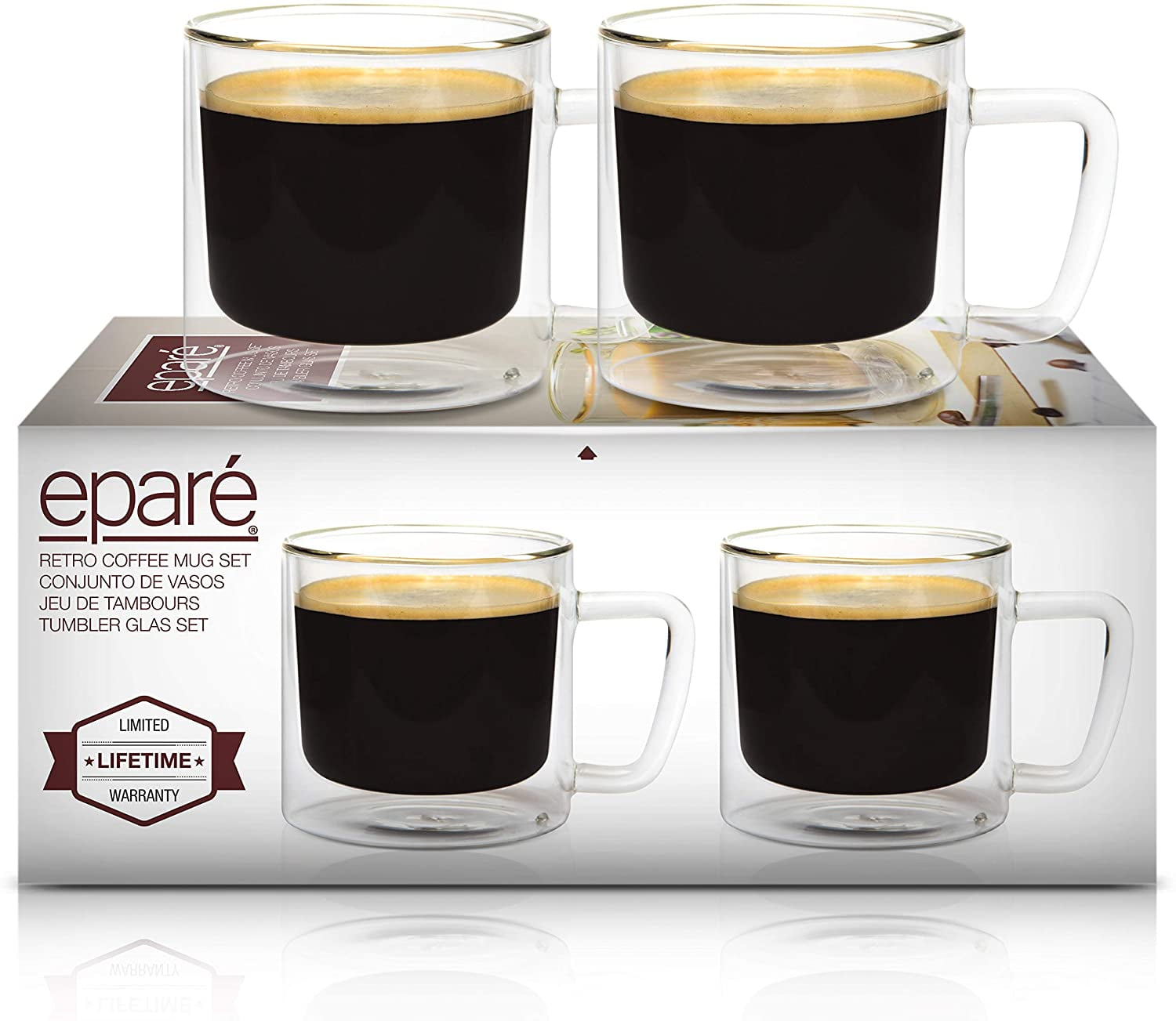 Epare Retro Coffee Mugs - Clear Glass Double Wall Cup Set - Insulated