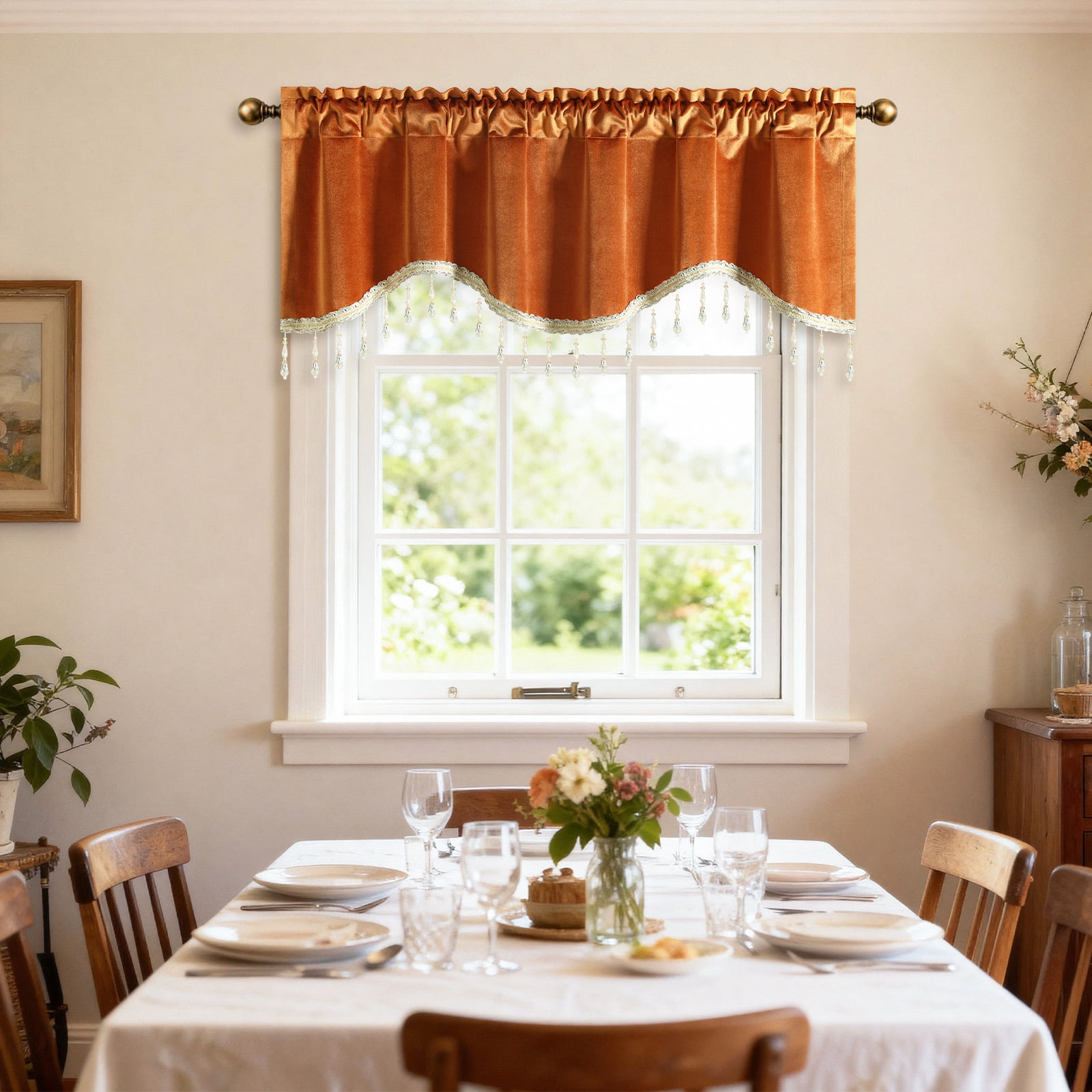 VOGOL Orange Velvet Scalloped Window Valance with Beaded Trim, Warm Curved Decorative Curtain Topper for Living Room Bedroom
