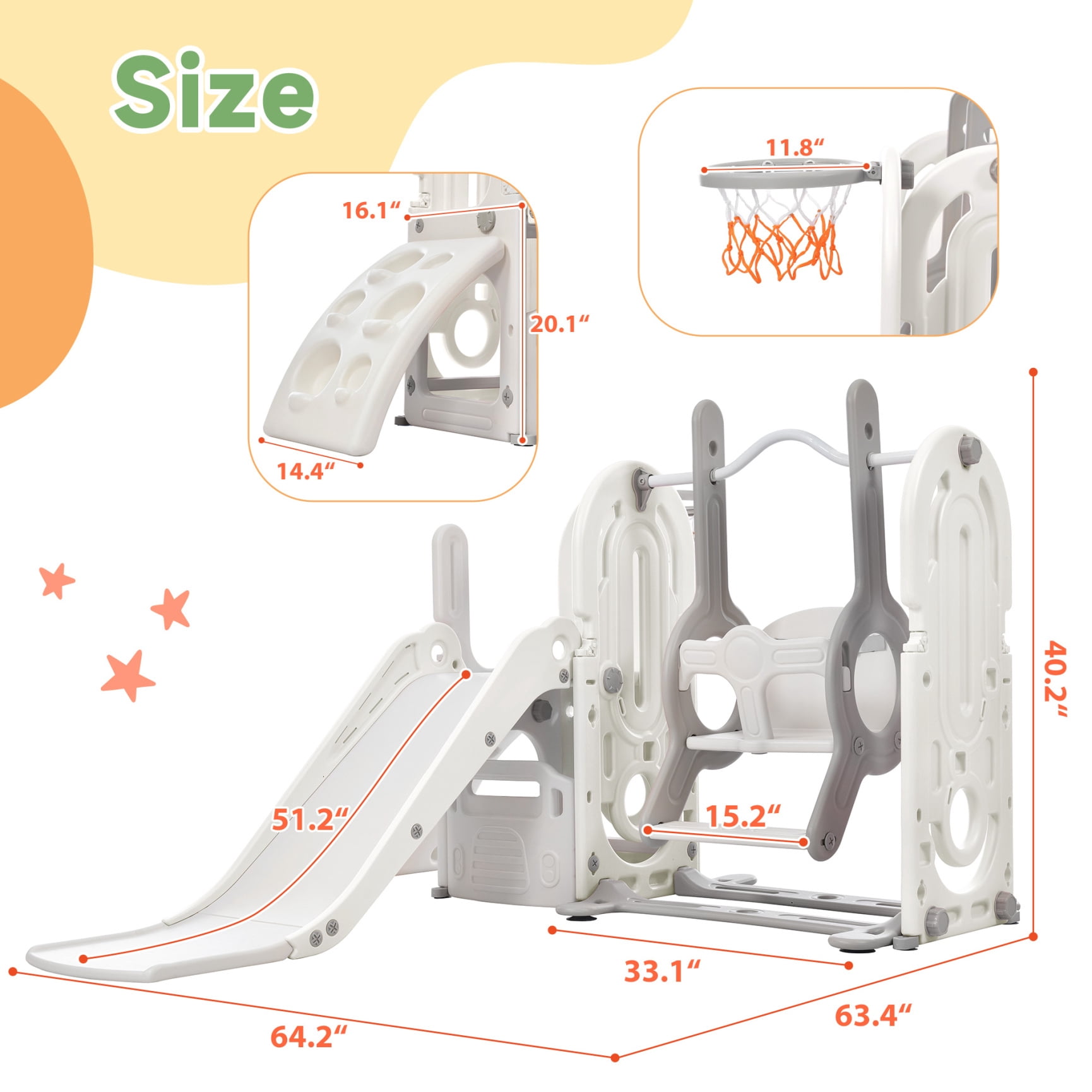 5 in 1 Toddler Swing Set, Kids Playground Climber Playset with Slide, Climbing Ramp, Basketball Hoop,and Hidden Toy Storage Space,Freestanding Combination for Babies Indoor&Outdoor,White