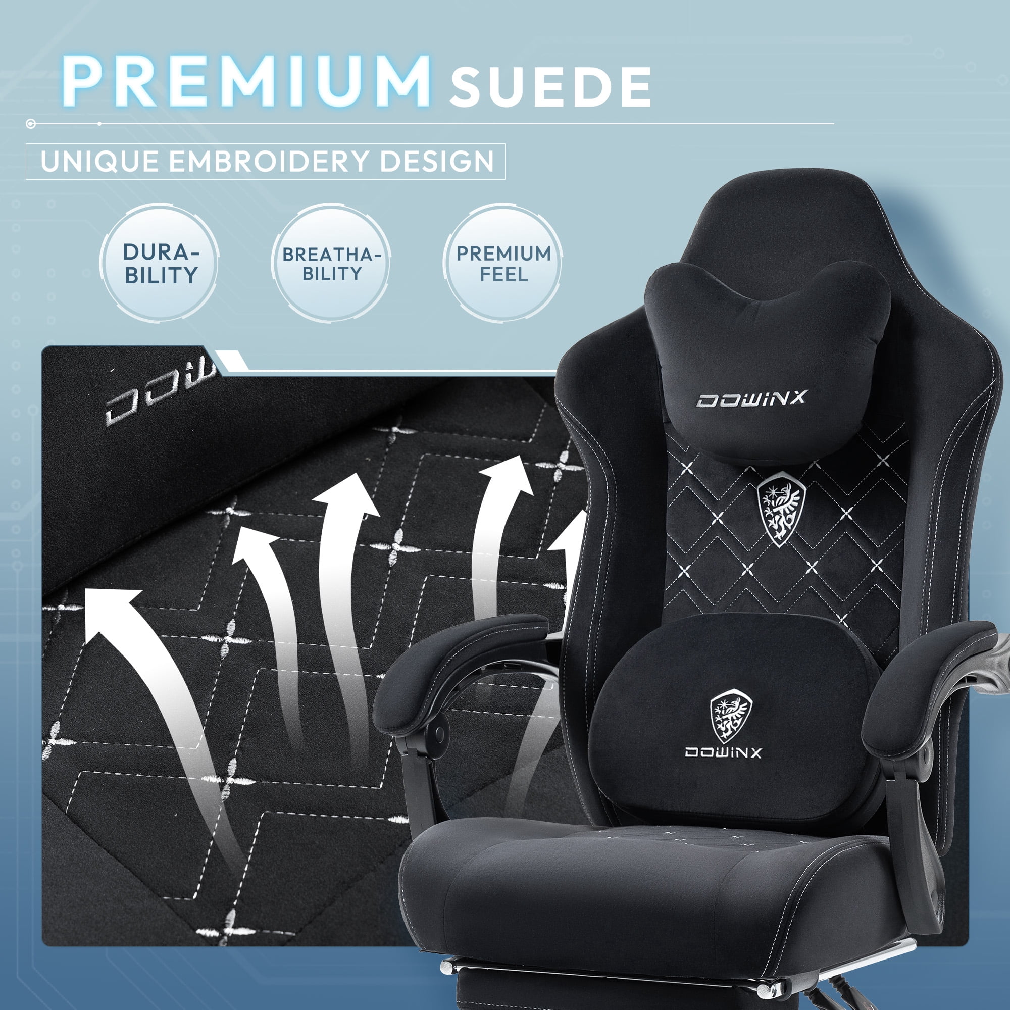 GOOSEA Fabric Gaming Chair with Heated Massage Lumbar Support, Big and Tall Game Chair for Adults, High Back PC Chair with Pocket Spring Cushion and Footrest, Black