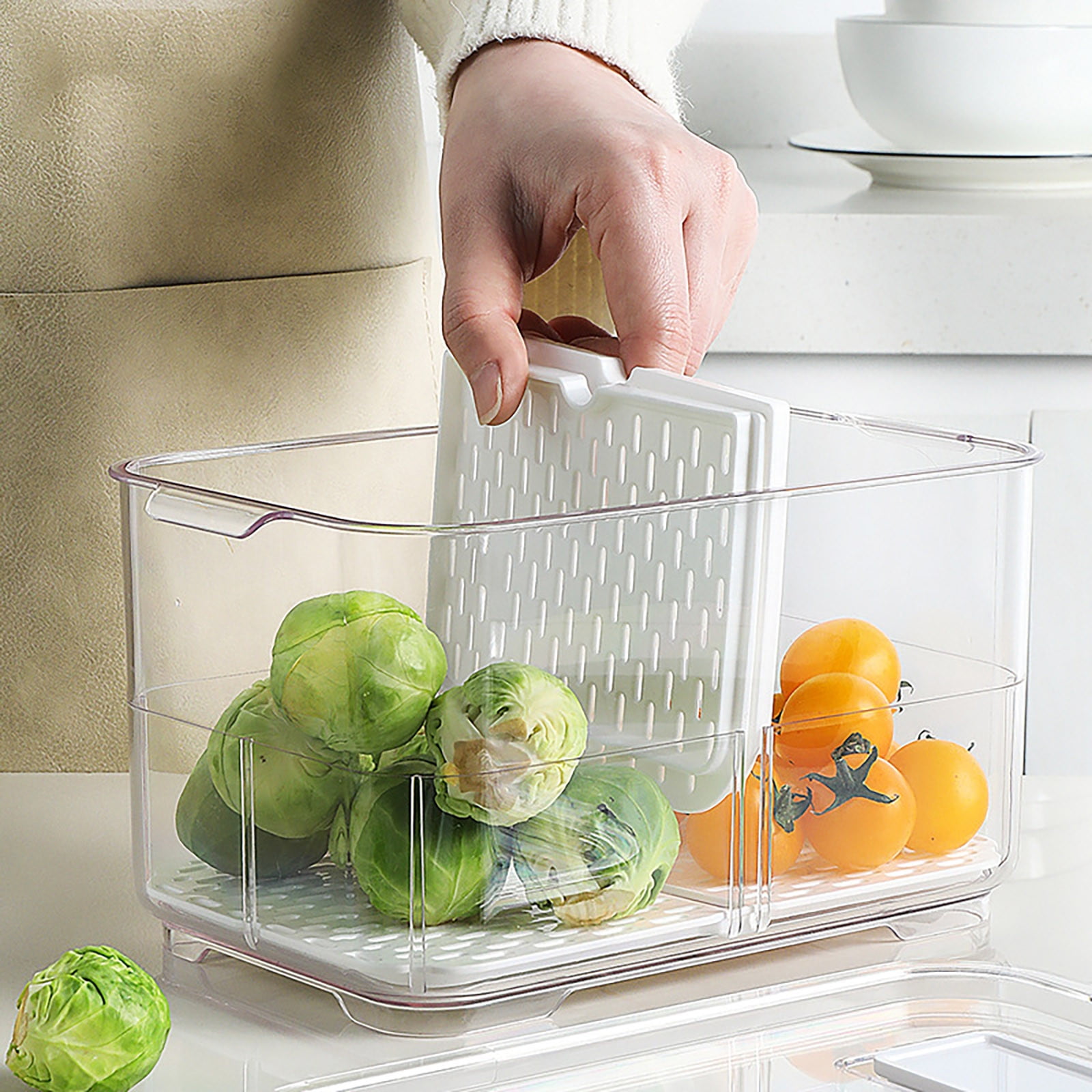 Tgbvmt Refrigerator Storage Containers Fresh Produce Organizer Bins 10.9"x6.9"x5.7" Fridge Food Keeper Moisture Control Vented Lid Holiday Kitchen Organization Fruit Vegetable Storage Drain Tray