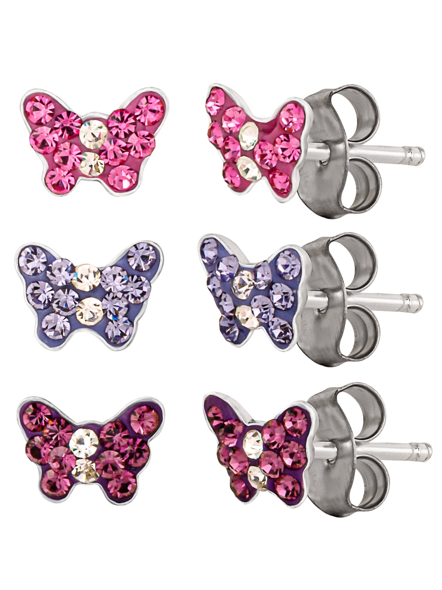 Brilliance Fine Jewelry Girl’s Sterling Silver Crystal Butterfly Stud Earring Set, 3 Pairs
