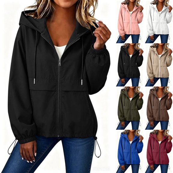 Ihhxva Jacket for Women Hooded Windbreaker with Drawstring Zip-Up Outerwear, Lightweight Rain Coat Pockets Outdoor Activities S-2XL