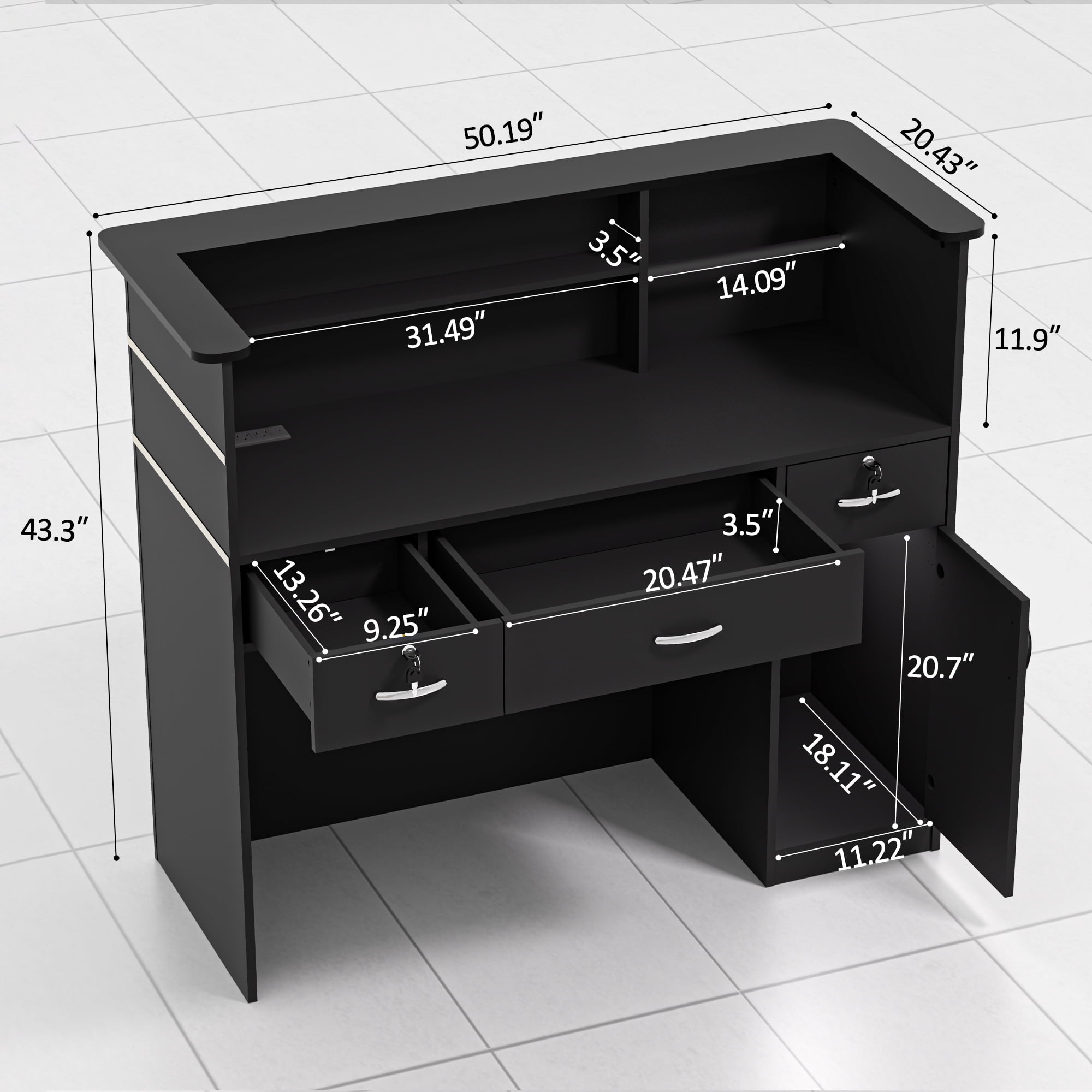 HARIPUL 50-inch Reception Desk with Counter, Front Desk Office Desk with Storage Shelves & LED Lights, Black