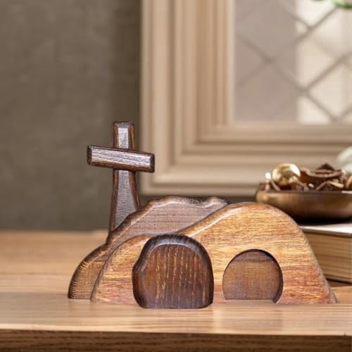 Empty Tomb Easter Scene and Christian Cross Decoration, Wood Easter Resurrection Scene for Tray, Jesus Nativity Scene Decor for Religious Decorations, Home Office Tabletop, Shelf Decor