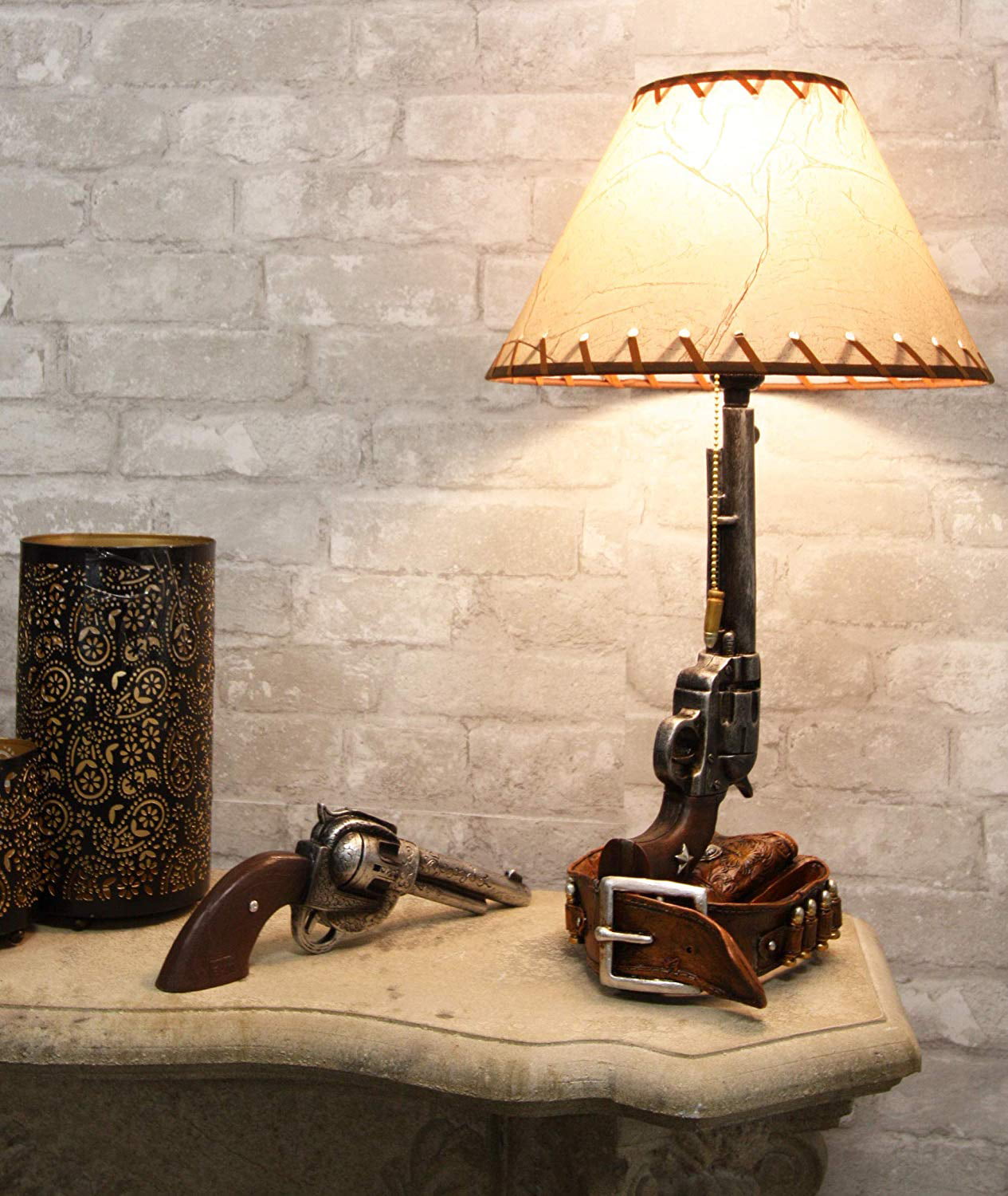 Ebros Western Six Shooter Revolver Gun Desktop Bedside Table Lamp with Shade 