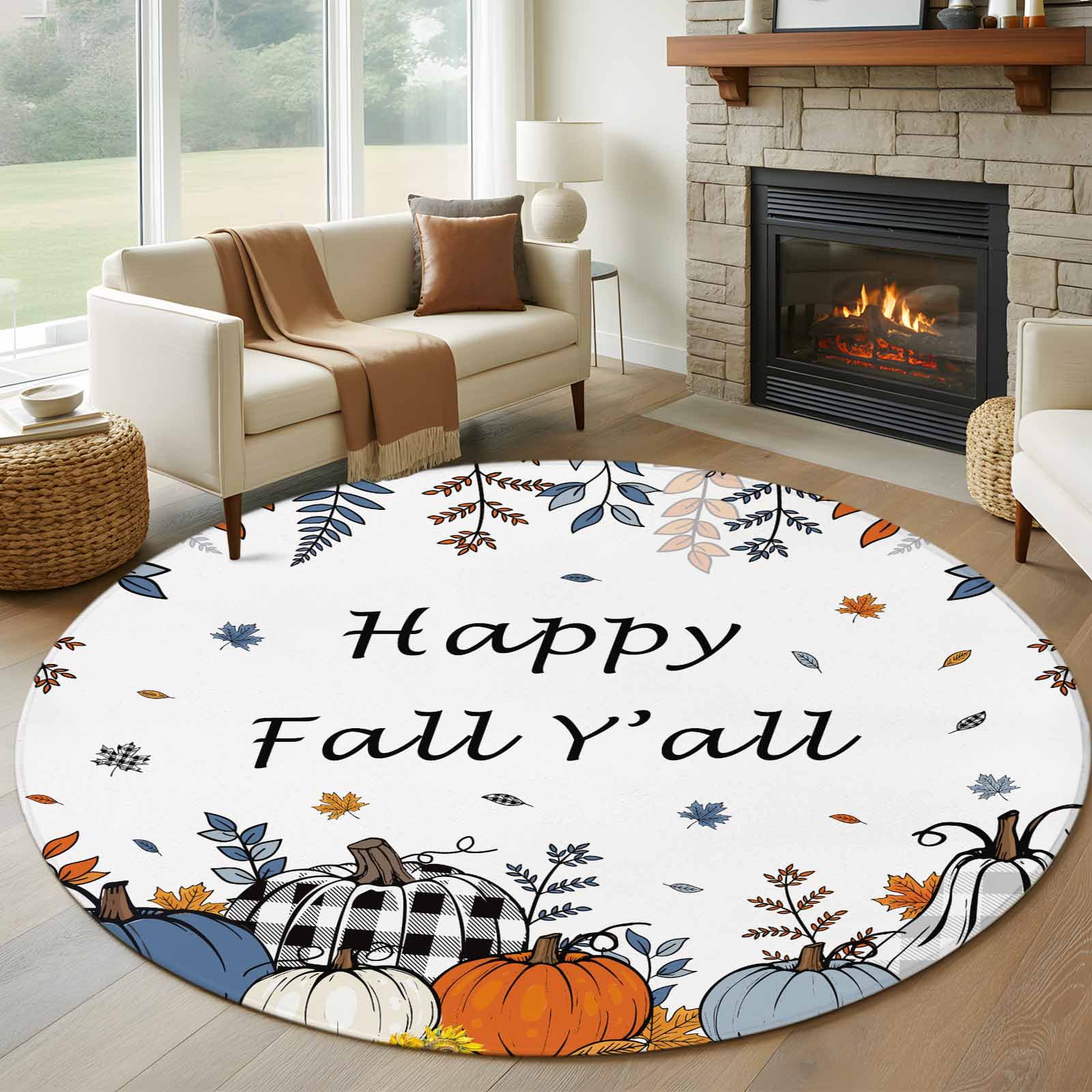 Round Rugs 5Ft Blue Fall Round Area Rug Washable Indoor Throw Carpet Thanksgiving Pumpkins Botanical Soft Non Slip Circle Rug for Cabinet Bathroom Home Decor Aesthetic