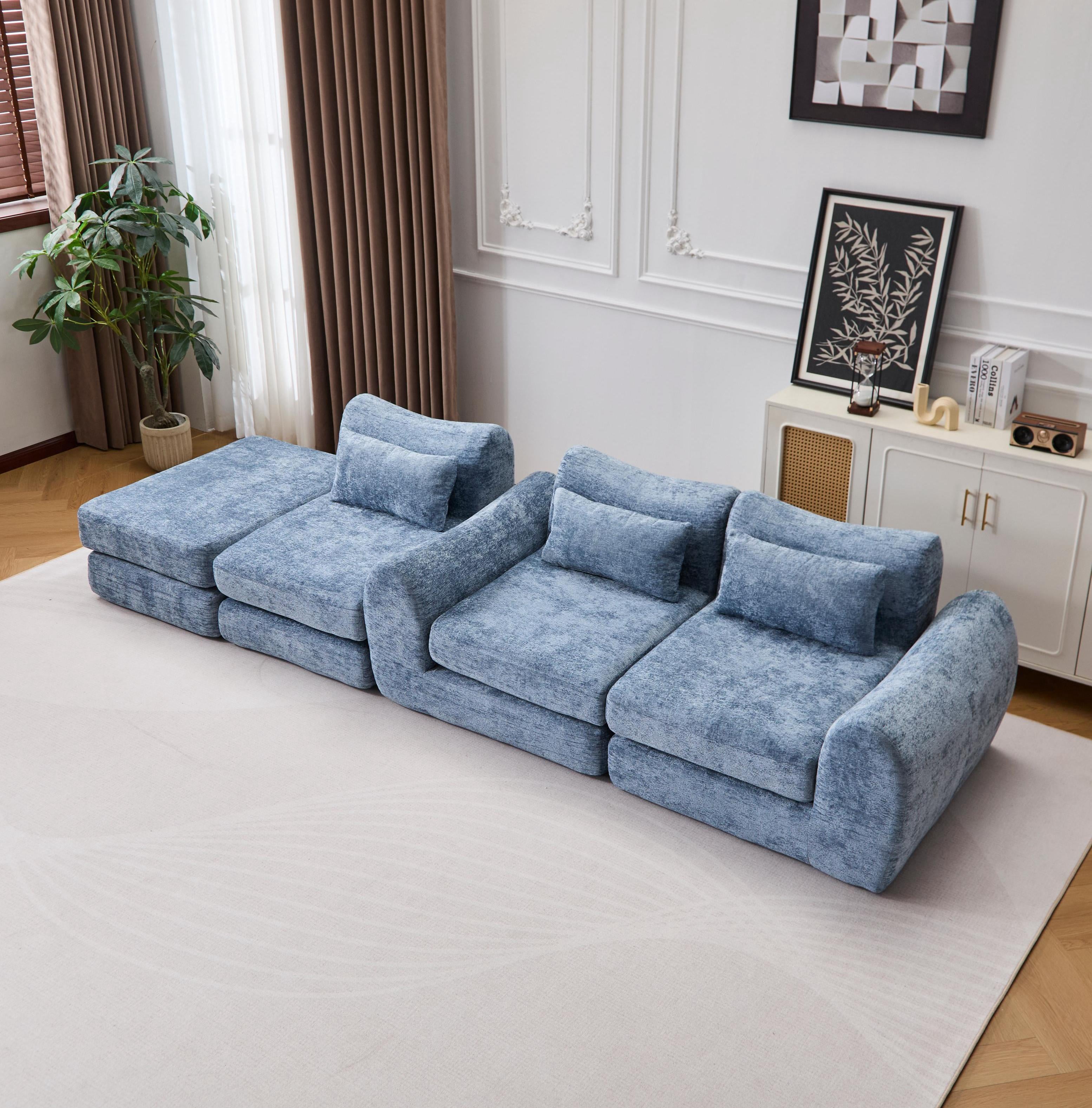 BSHTI Foldable Wave Star Modular Sofa, Chenille Fabric, 4-in-1 Modern Couch for Living Room, Modular Sectional Sofa with Chaise, Free Combination 3 Seater Sofa, Blue