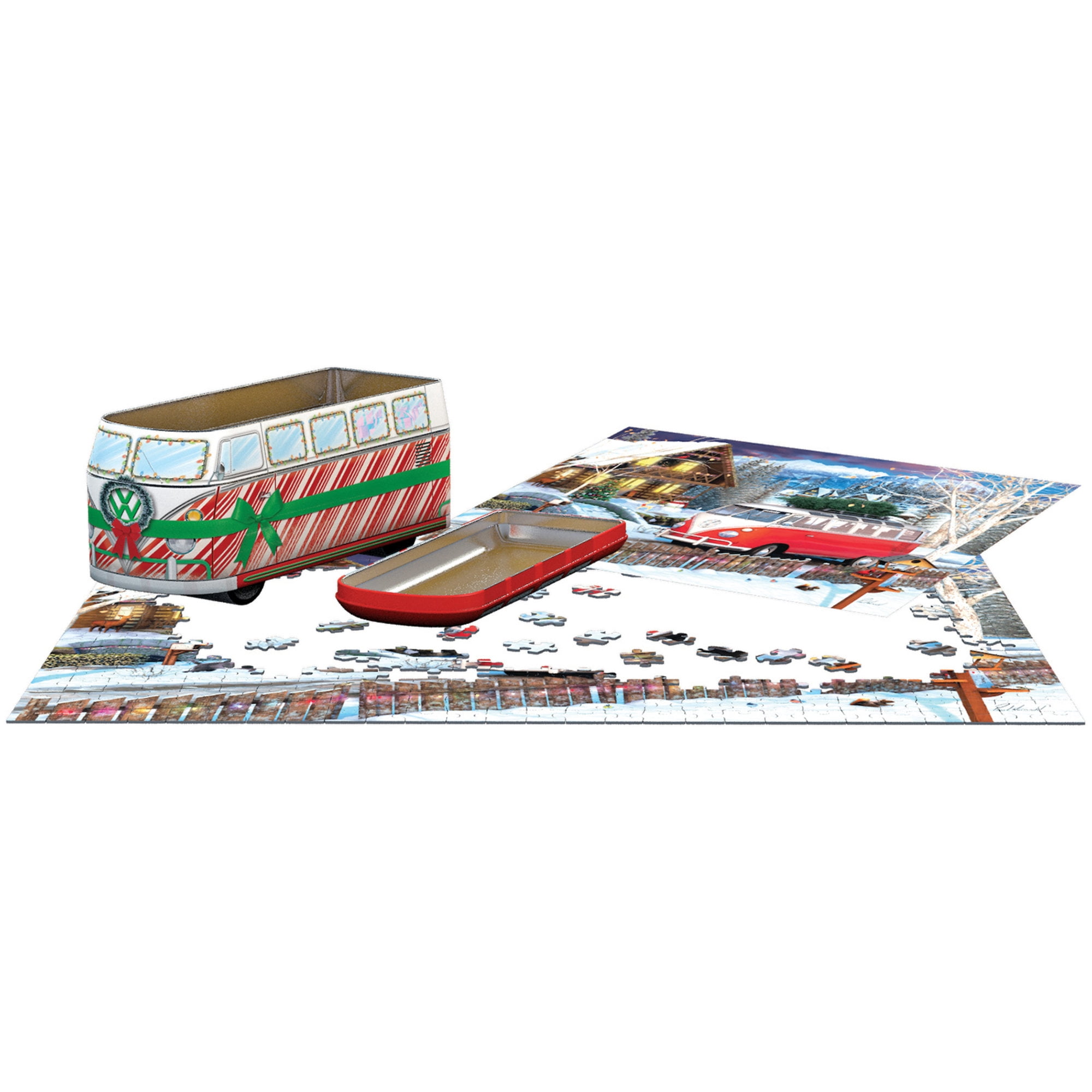 Eurographics: Puzzle Tin: VW Christmas Bus - 550 Piece Jigsaw - Collectible Decorative Van Shaped Tin - 13" x 19" Assembled, Nostalgic Holiday Gift