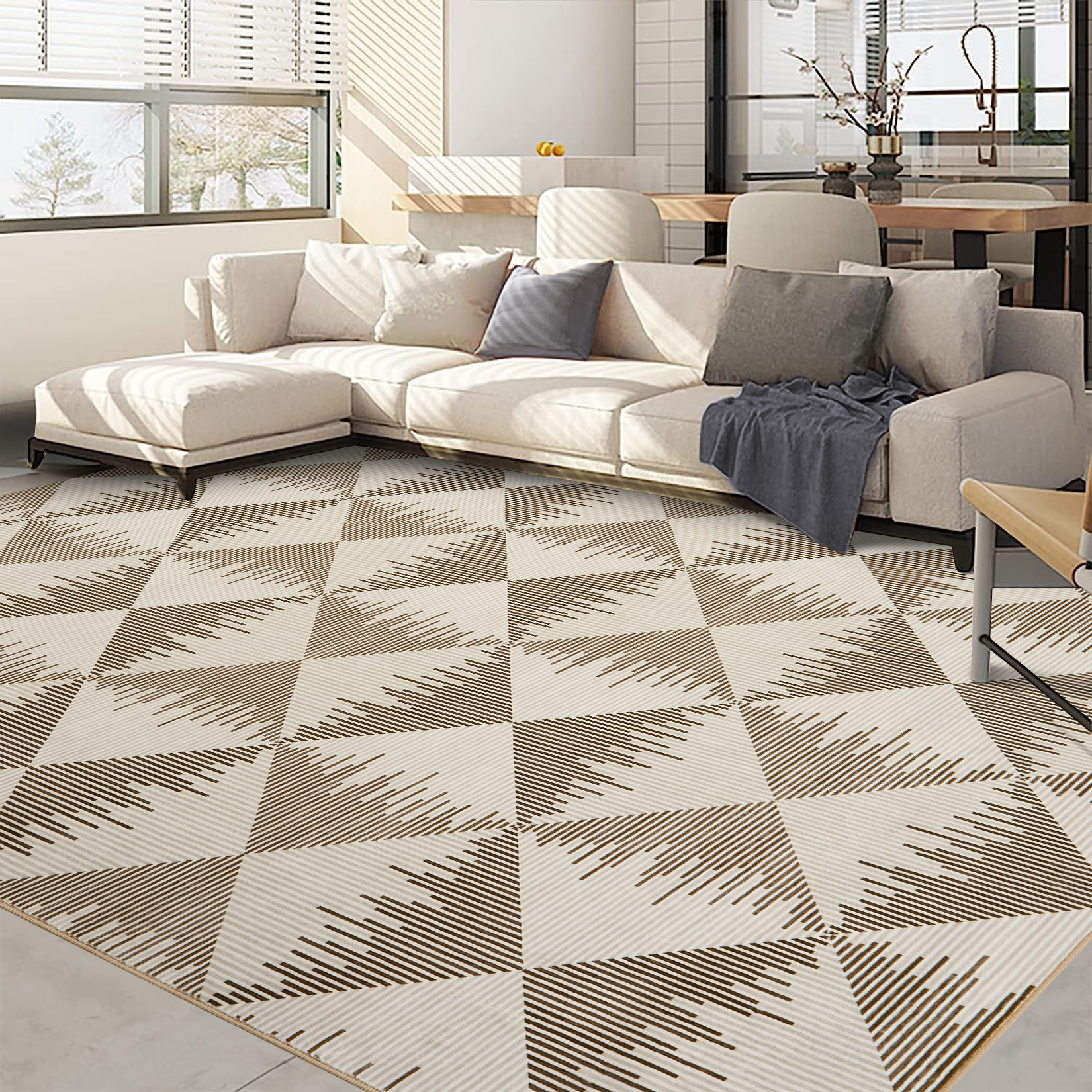 5x7 Washable Area Rugs for Living Room Non Slip Low Pile Modern Geometric Farmhouse Dining Room Carpets for Bedroom Dorm Beige