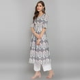 thumbnail image 4 of Janasya Indian Round Neck Half Sleeve Botanical Print White Cotton Kurta With Palazzo And Dupatta For Women, 4 of 10