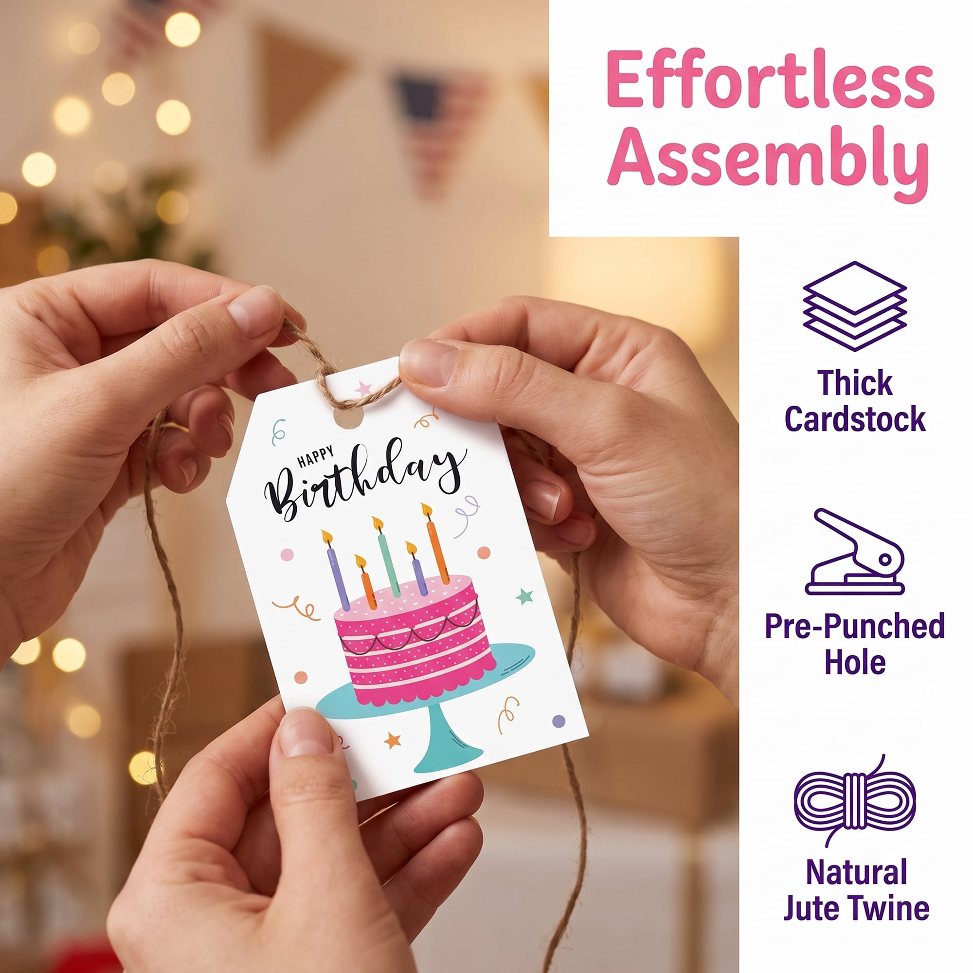 Unique Bargains 100Pcs Elegant Birthday Gift Tags with Twine Stand Cake 2" x 3.1"