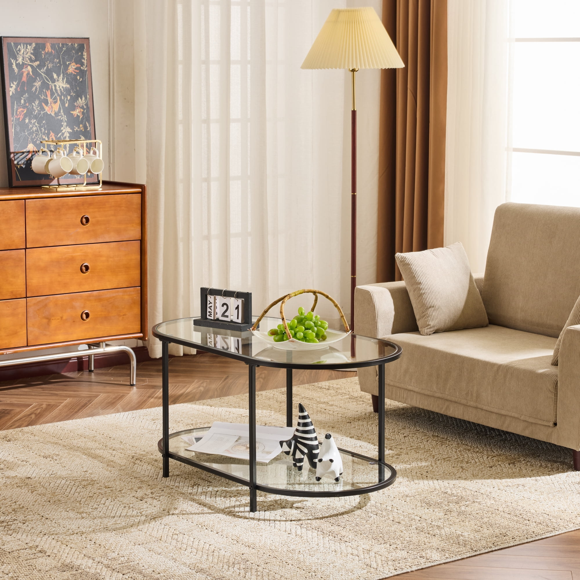 Ktaxon Rustic Coffee Table, Transparent Glass 2-Tier Oval Vintage Minimalist Design Center Table Rust Resistant Narrow Table for Living Room, Black