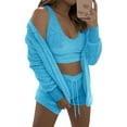 thumbnail image 3 of STARVNC Women Tie Waist Long Sleeve Crop Tank Fleece Cardigan Shorts 3 Piece Sets, 3 of 4