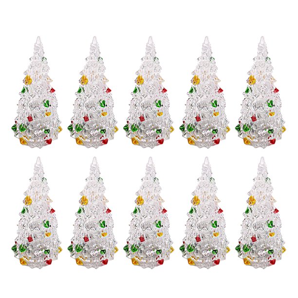 10 piezas de árbol de Navidad acrílico con iluminación LED, adorno de mesa de cristal brillante y colorido pintado.