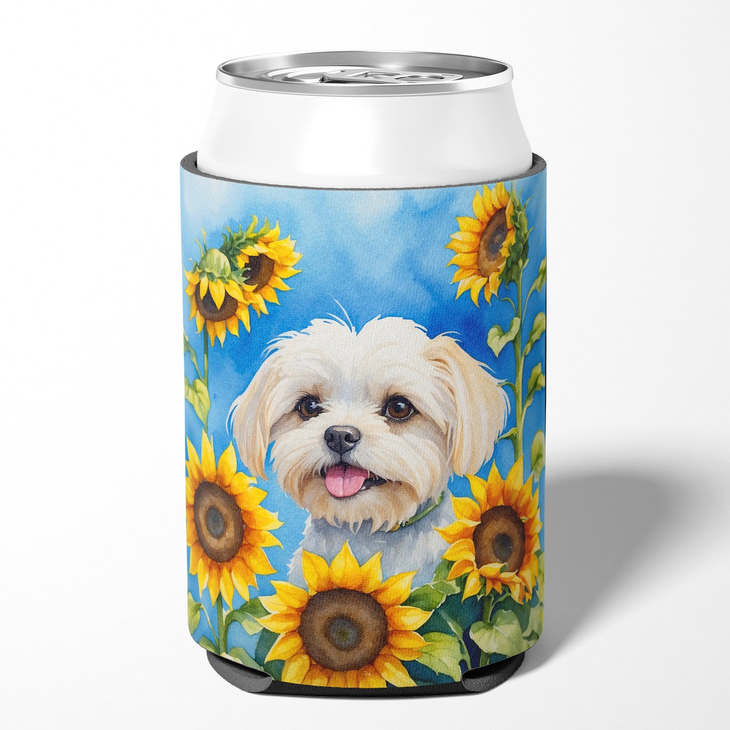 Maltese in Sunflowers Can or Bottle Hugger 3 in x 5 in